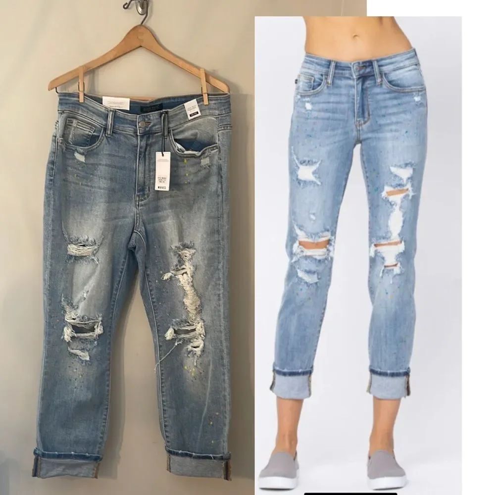 Judy Blue Rainbow Paint Splash Destroyed Boyfriend Jean 14W JB82245 NWT